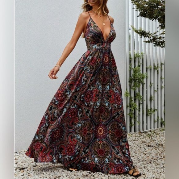 None Dresses & Skirts - Plunging Neck Crisscross Backless Paisley Print Maxi Cami Dress